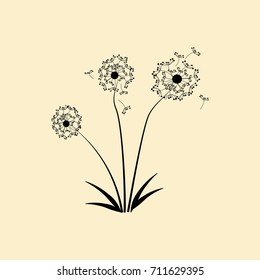 three black dandelion illustration on white background