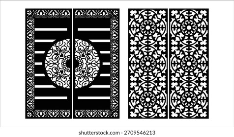 Tres paneles decorativos negros con patrones geométricos, un diseño de mandala y bordes adornados sobre un fondo blanco.