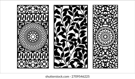 Tres paneles decorativos negros con patrones geométricos, de hojas y mandala sobre un fondo blanco. Formato de Vector escalable adecuado para imprimir y...