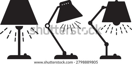 Three black desk lamps casting light rays, different styles.