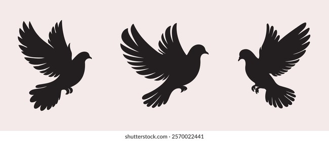 Three black dove silhouettes in different flying poses with fully spread wings on a light gray background