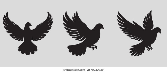 Three black dove silhouettes in flight, each with spread wings, depicted on a gray background