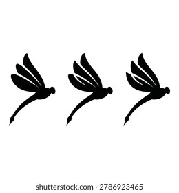 Three black dragonfly silhouettes flying in different positions and directions icon
