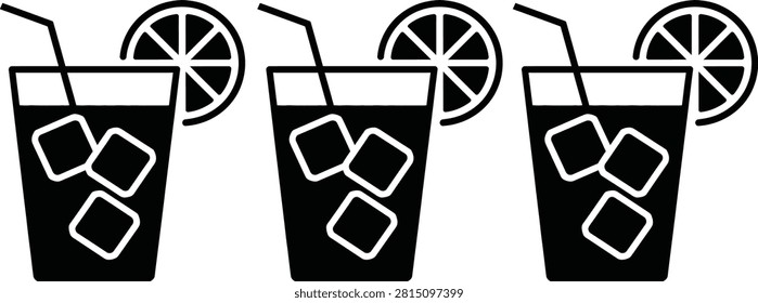 Three black drink cups with straws and ice cubes vector icons