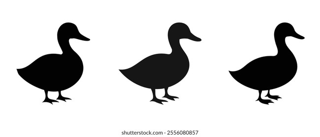 Three black duck silhouettes in a row, showcasing simple and minimalistic animal shapes, ideal for icons, patterns, or design projects