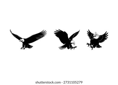 Three black eagle silhouettes with wings spread, showcasing different angles and poses