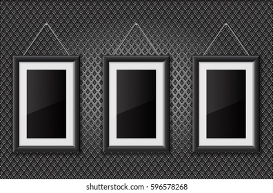 Three black empty pictures on metal perforated background. Vector illustration