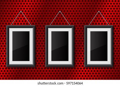 Three black empty pictures on red metal perforated background. Vector illustration.