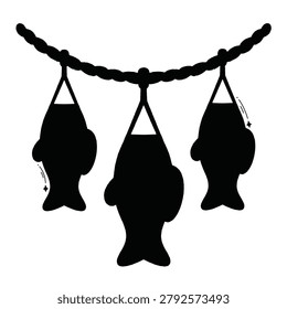 Three black fish silhouettes hanging from a twisted rope against a white background.