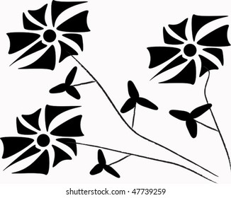 Three black flowers on white background.