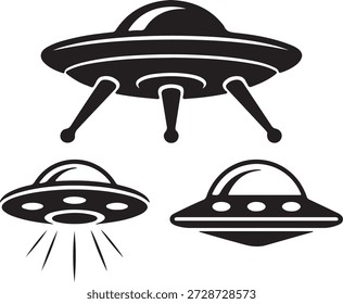 Three black flying saucer on white background alien