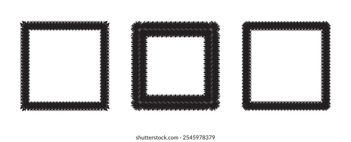 Three black frames on white background. Simple geometric bold textured border with jagged edge. Unique decorative borders for visual variety. Ideal for graphic and web design projects. 