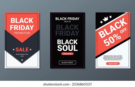 Three Black Friday sale posters with bold red and black designs, highlighting promotions and a 50% discount offer. "Sign Now" buttons are prominent.