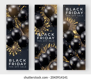 Drei Black Friday vertikale Verkaufsposter mit realistischen Ballons, Feuerwerk und Konfetti auf schwarzem Hintergrund. Black Friday, Vektorgrafik-Label. Design-Element für Banner, Flyer, Karten