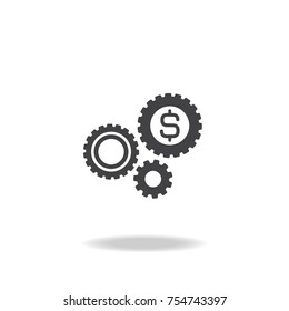 three black gear and dollar sign. Flat icon. Vector illustration. Development Cost icon. Financial technology sign. Payment settings pictogram.
