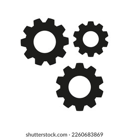 Three black gears. Mechanical instrument, work, teamwork, clock mechanism, creativity, software development, engineering, architecture. Vector illustration on white backround