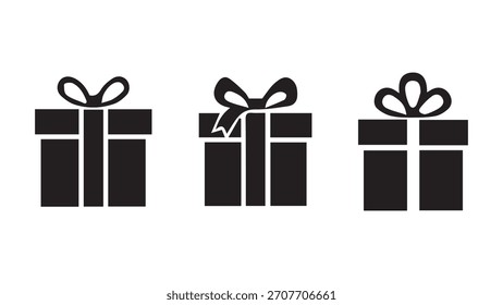 Three black gift box silhouettes with unique ribbon styles, perfect for festive designs, holiday cards, party invites, ecommerce visuals, and celebration-themed branding across print and digital.