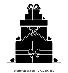 Tres cajas de regalo negras apiladas con arcos y corazones