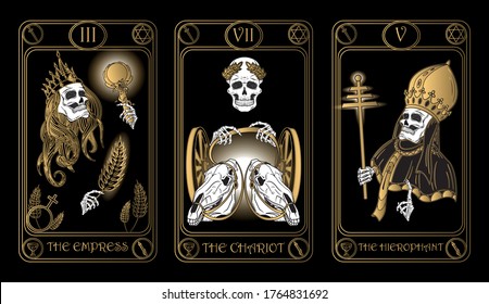 Three black and gold tarot cards isolated on black background. Vector magic occult set of the 3th, 5th and 7th cards of Major arcana.