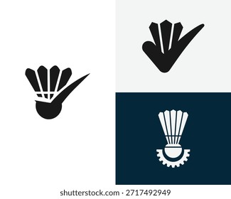 Three black graphic icons of shuttlecocks are displayed. One is on a white background with a check mark. Another is on a white background. The third is on a dark blue background with a gear.