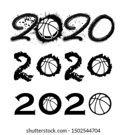 Three black grunge 2020 numbers with basketball symbols