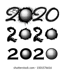 Three black grunge 2020 year numbers with golf symbols