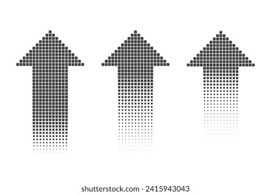 Three black halftone up arrows with pixel pattern on a white background. Retro video game elements. Vintage 8 bit symbol