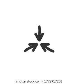 Three black hand drawn arrows point to the center. Triple Collide Arrows icon. Merge Directions icon. Vector illustration. Isolated on white. back and white