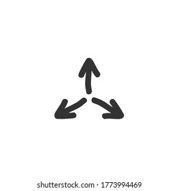 Three black hand drawn arrows point out from the center. Expand Arrows icon. Outward Directions icon. Vector illustration. Isolated on white. 
