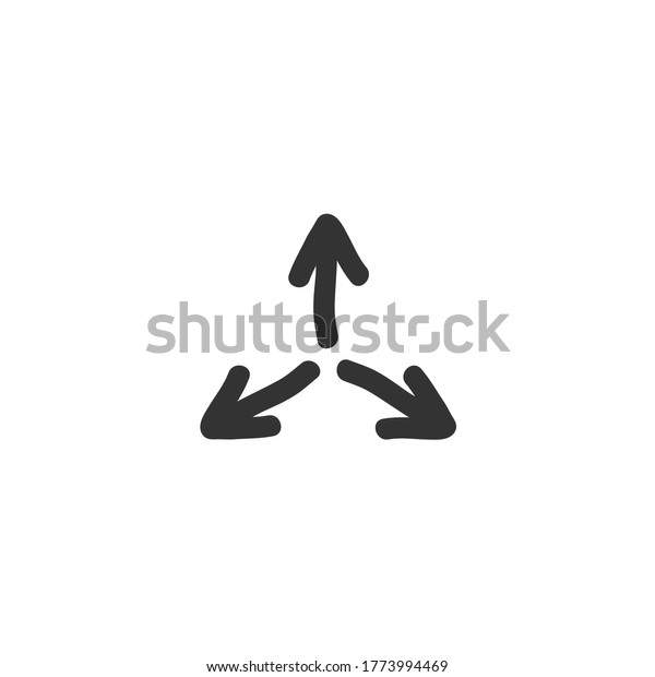 Three black hand drawn arrows point out from the\
center. Expand Arrows icon. Outward Directions icon. Vector\
illustration. Isolated on white.\
