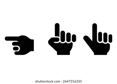 Three black hand icons pointing left and upward. Vector illustration of hand gestures on a white background.