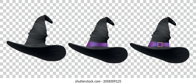 Three Black Hats. Vector 3d Realistic Cartoon Halloween Witch Hat Icon Set Closeup Isolated. Front View. Design Template of Witches Hat. Autumn Holidays, Halloween Concept