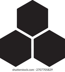 Three black hexagons are arranged in a connected, triangular formation on a white background.
