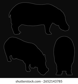 Três silhuetas de hipopótamo preto destacam-se nitidamente contra um fundo escuro. O design minimalista destaca suas formas distintas e poderosas.
