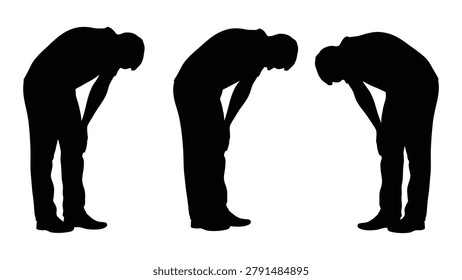 Three black human silhouettes are shown in bent-over postures against a plain white background. The figures are isolated and appear dejected.