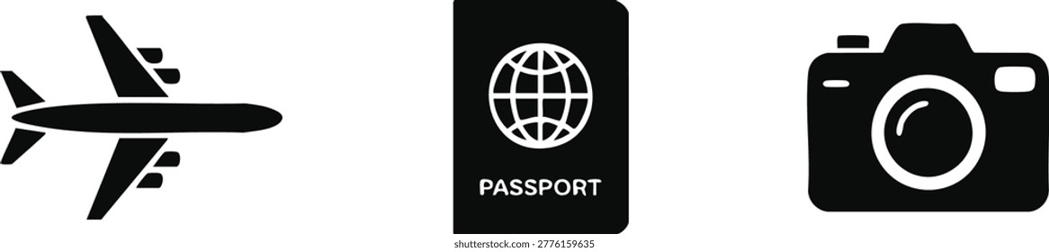 Three black icons are displayed on a white background. The leftmost icon is a silhouette of an airplane with its wings and engines visible. The middle icon is a black rectangle representing a passport, with a white globe symbol and the word 