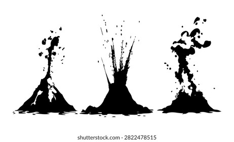 Three black ink splashes captured in motion, showcasing fluidity and abstract artistic expression with high contrast on a white background.