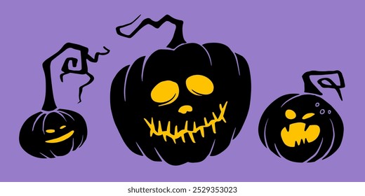 Três jack-o'-lanternas pretas com faces amarelas brilhantes sentam em um fundo roxo. As abóboras apresentam expressões estranhas e travessas, perfeitas para decorações de Halloween.