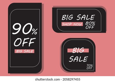 Tres etiquetas negras para ventas, gran venta 90%, 80% y 70%