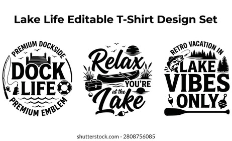Three black lake life tshirt designs on white background