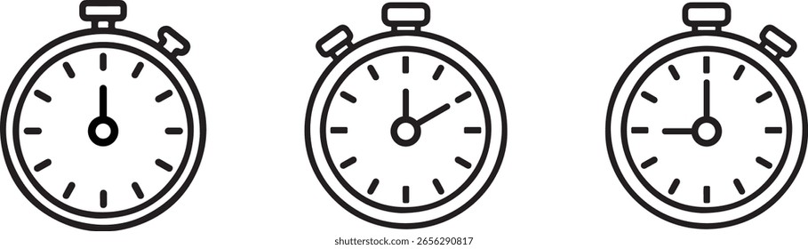 Three black line art stopwatch illustrations showing different times on a white background