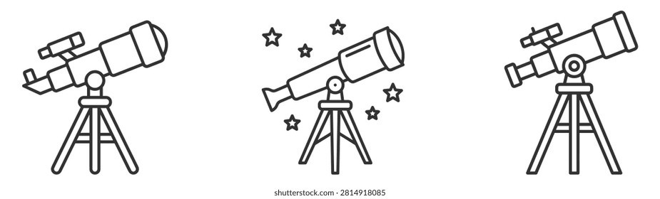 three black line art telescope icons for astronomy on transparent background