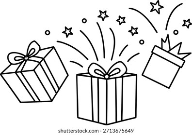 Three black line gift boxes with stars and circles