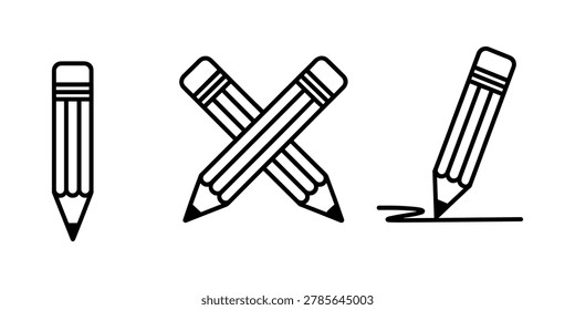 Three black line of pencils one standing one crossed and one on white background 
