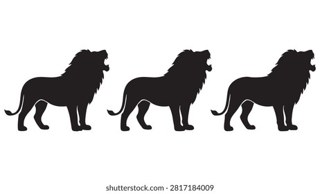 Three black lion silhouettes are depicted standing in a row against a white background. The shapes are solid and lack internal detail.