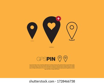 three black location pins one of which has an heart and a plus sign, a space for a text and yellow background 