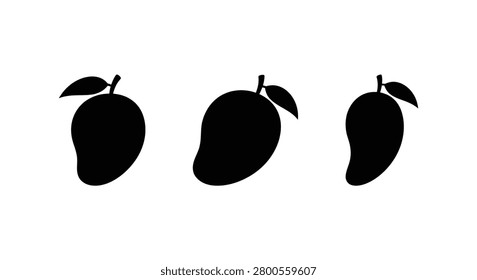 Three black mango silhouettes with leaf stems against a plain white background silhouette mangoes tropical fruit stone drupe