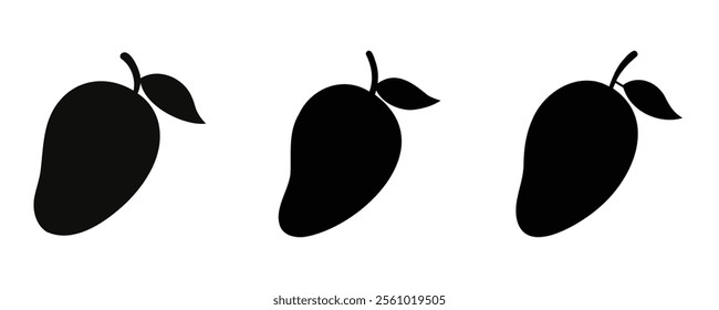 Three black mango silhouettes with leaves, arranged side by side. Perfect for minimalist designs, tropical themes, or fruit-related graphic projects