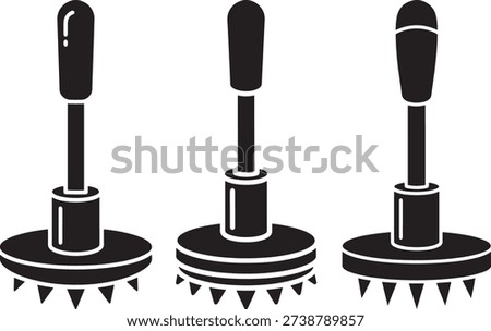 Three black meat tenderizers with spiked heads, kitchen utensil