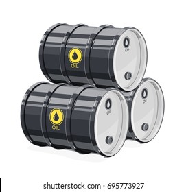 Three Black metal barrel for oil. Equipment transportation fuel. Isolated white background. Vector illustration.